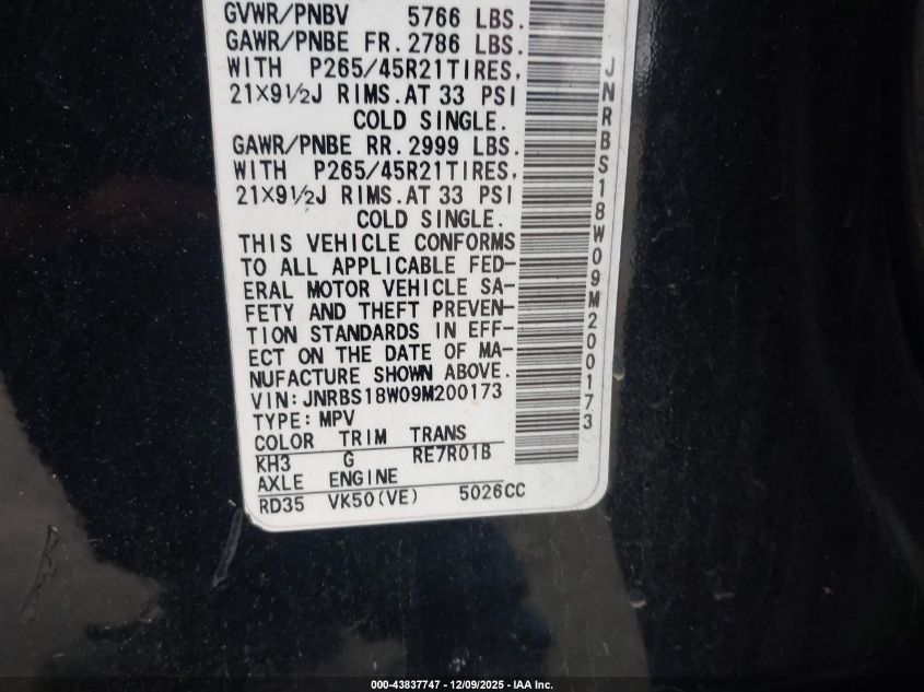 2009 Infiniti Fx50 VIN: JNRBS18W09M200173 Lot: 43837747