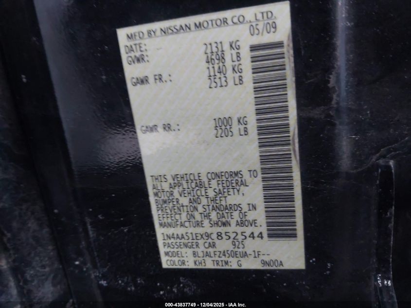 2009 Nissan Maxima 3.5 Sv VIN: 1N4AA51EX9C852544 Lot: 43837749