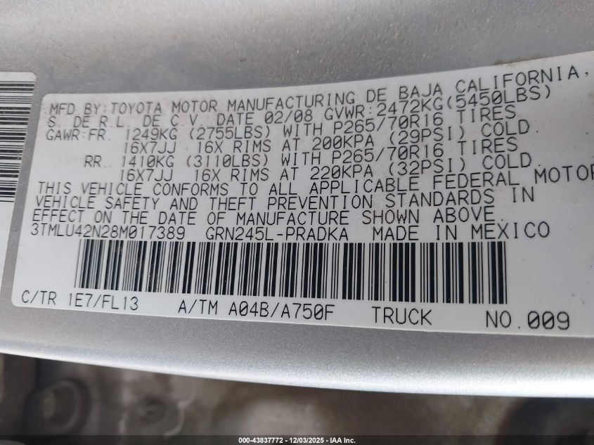 2008 Toyota Tacoma Base V6 VIN: 3TMLU42N28M017389 Lot: 43837772