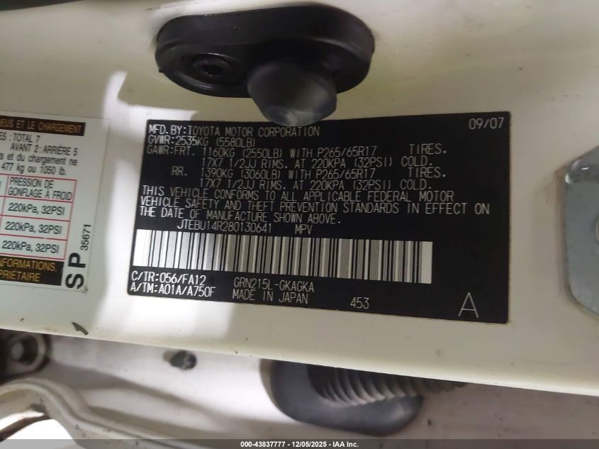 2008 Toyota 4Runner Sr5 V6 VIN: JTEBU14R280130641 Lot: 43837777