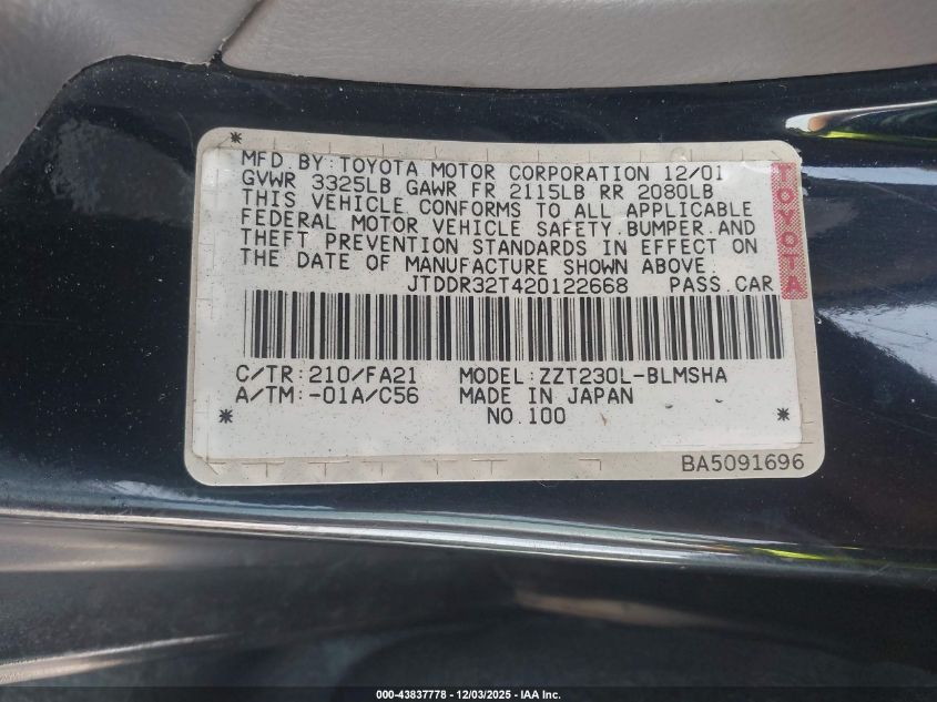 2002 Toyota Celica Gt VIN: JTDDR32T420122668 Lot: 43837778