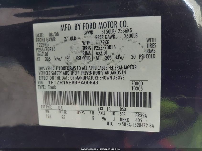 2009 Ford Ranger Fx4 Off-Road/Sport/Xl/Xlt VIN: 1FTZR15E99PA00543 Lot: 43837808