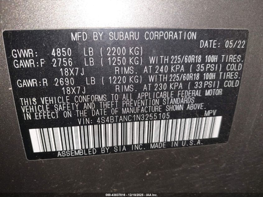 2022 Subaru Outback Limited VIN: 4S4BTANC1N3255105 Lot: 43837816