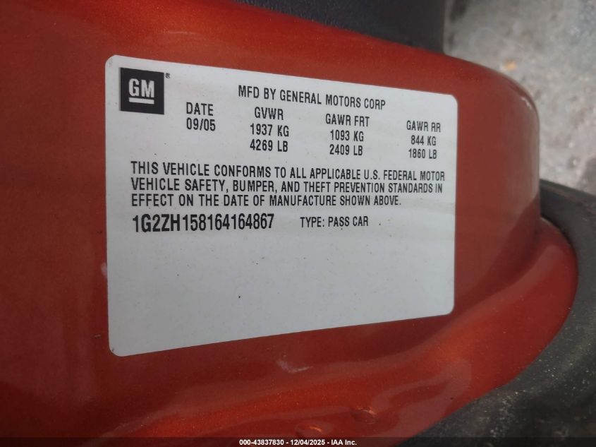 2006 Pontiac G6 Gt VIN: 1G2ZH158164164867 Lot: 43837830