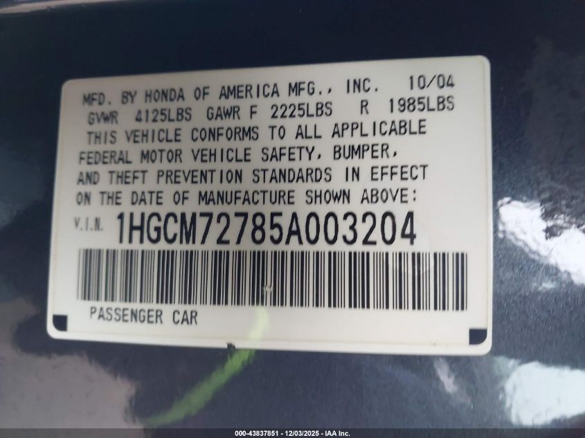 2005 Honda Accord 2.4 Ex VIN: 1HGCM72785A003204 Lot: 43837851