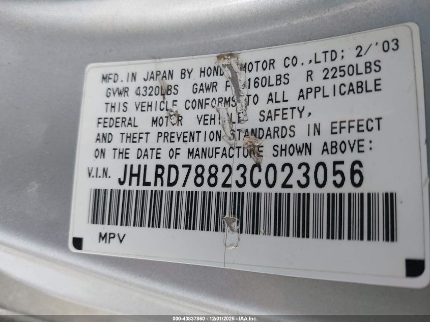 2003 Honda Cr-V Ex VIN: JHLRD78823C023056 Lot: 43837860