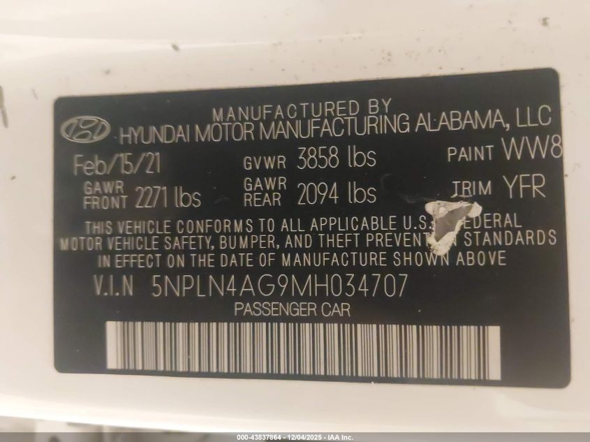 2021 Hyundai Elantra Sel VIN: 5NPLN4AG9MH034707 Lot: 43837864