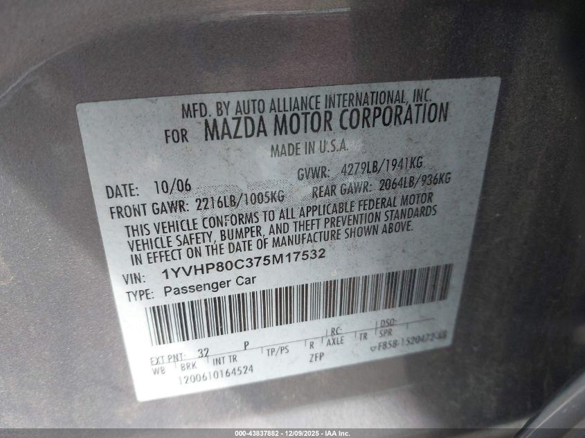 2007 Mazda Mazda6 I Touring VIN: 1YVHP80C375M17532 Lot: 43837882