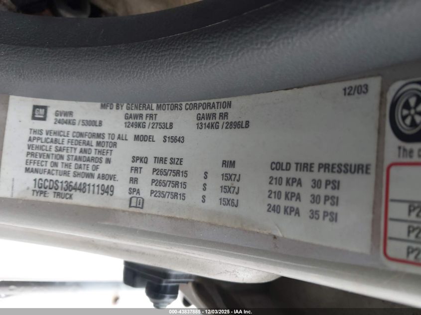 2004 Chevrolet Colorado Ls VIN: 1GCDS136448111949 Lot: 43837885