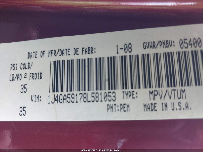 2008 Jeep Wrangler Unlimited Sahara VIN: 1J4GA59178L581053 Lot: 43837907