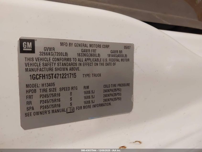 2007 Chevrolet Express Work Van VIN: 1GCFH15T471221715 Lot: 43837944