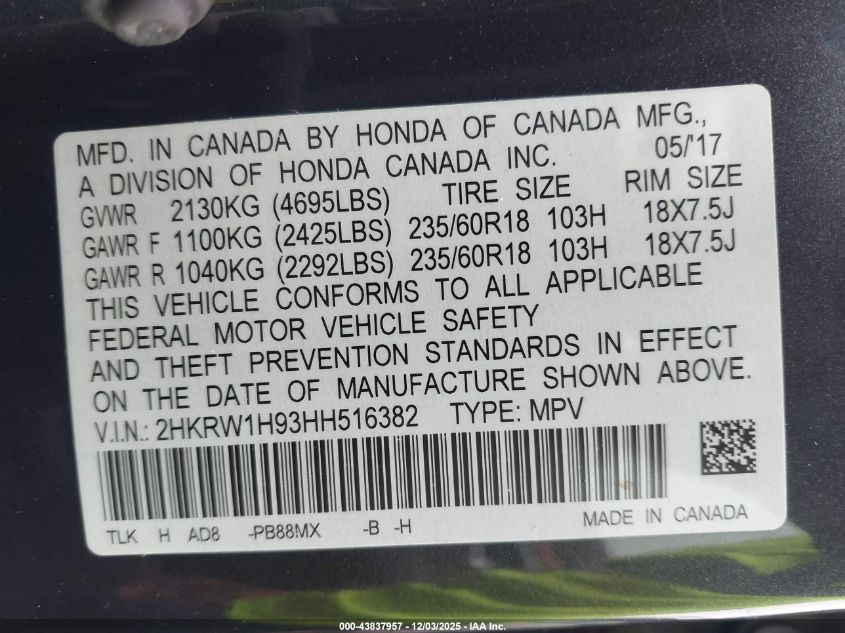 2017 Honda Cr-V Touring VIN: 2HKRW1H93HH516382 Lot: 43837957
