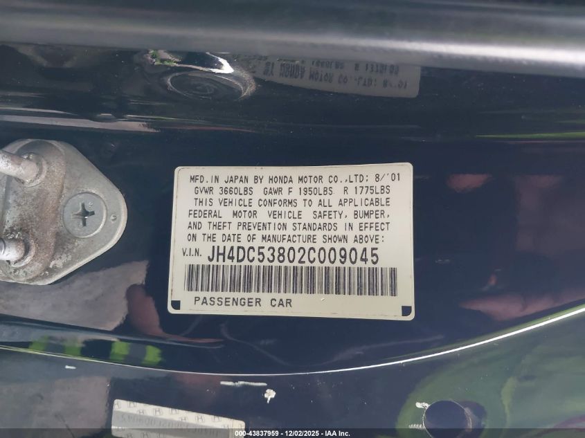 2002 Acura Rsx VIN: JH4DC53802C009045 Lot: 43837959