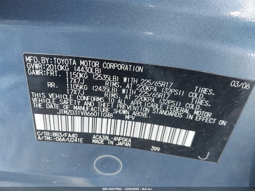 2006 Toyota Rav4 Limited VIN: JTMZD31V866011048 Lot: 43837962