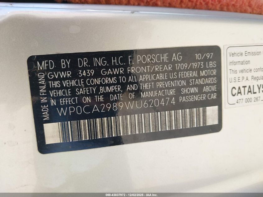 1998 Porsche Boxster VIN: WP0CA2989WU620474 Lot: 43837972