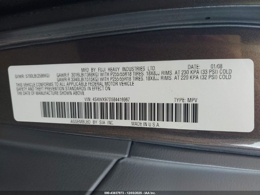 2008 Subaru Tribeca Limited 7-Passenger VIN: 4S4WX97D584416967 Lot: 43837973