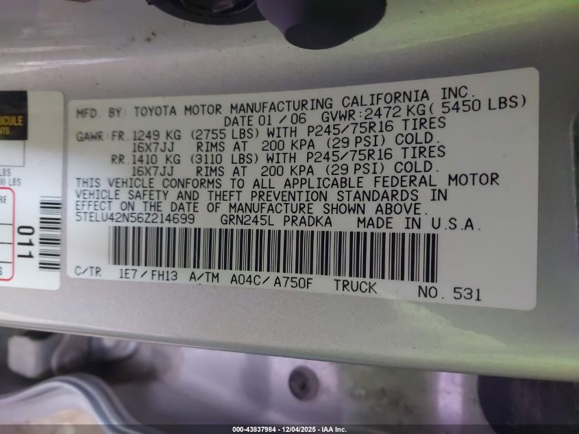 2006 Toyota Tacoma Base V6 VIN: 5TELU42N56Z214699 Lot: 43837984