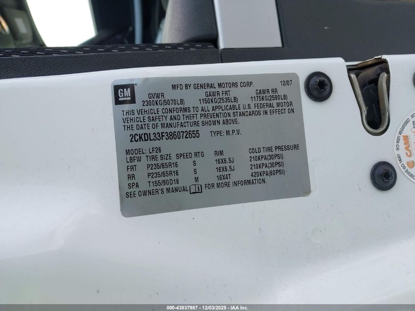 2008 Pontiac Torrent VIN: 2CKDL33F386072655 Lot: 43837987