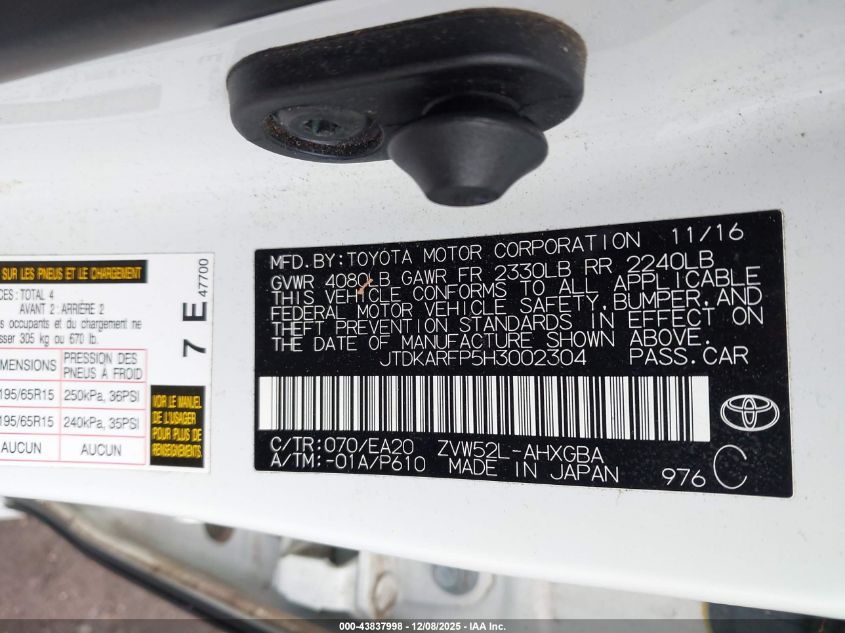 2017 Toyota Prius Prime Premium VIN: JTDKARFP5H3002304 Lot: 43837998