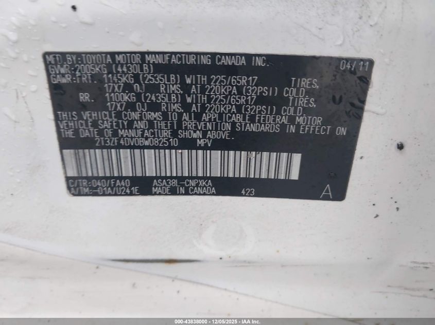 2011 Toyota Rav4 VIN: 2T3ZF4DV0BW082510 Lot: 43838000