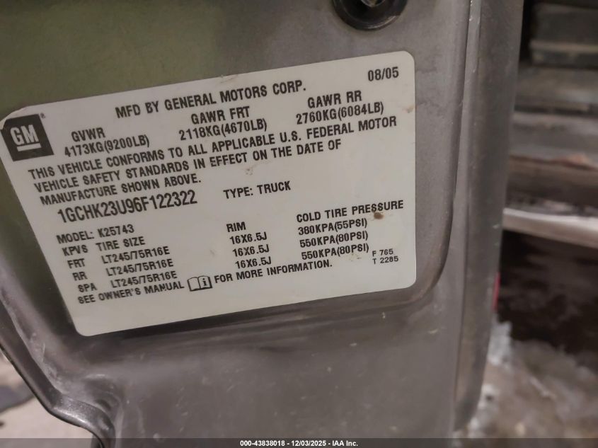 2006 Chevrolet Silverado 2500Hd Lt1 VIN: 1GCHK23U96F122322 Lot: 43838018