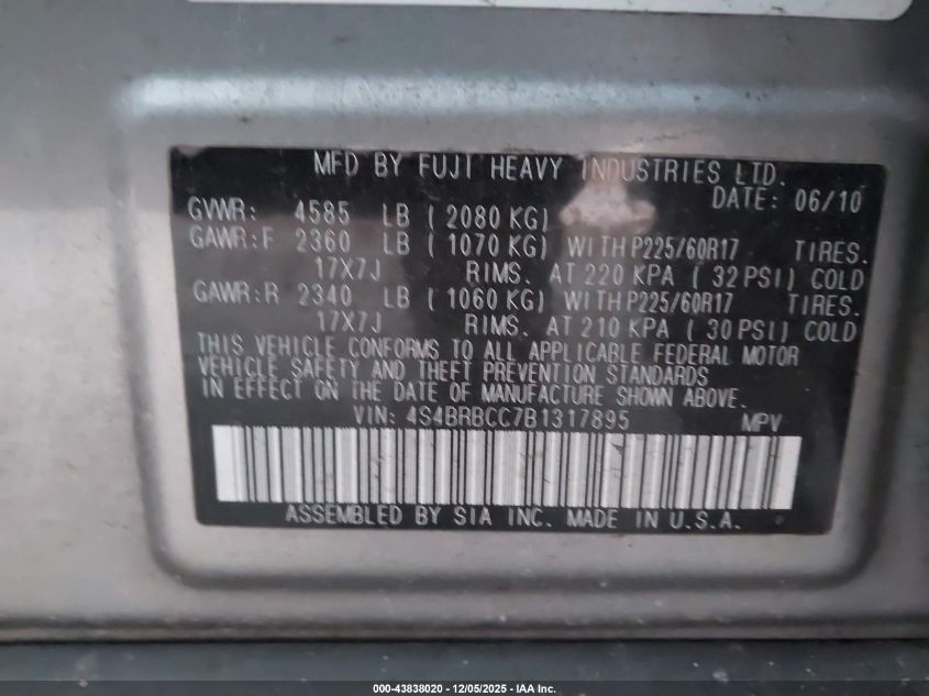 2011 Subaru Outback 2.5I Premium VIN: 4S4BRBCC7B131789 Lot: 43838020