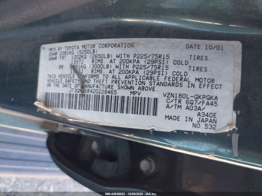 2002 Toyota 4Runner Sr5 V6 VIN: JT3GN86R420228465 Lot: 43838022