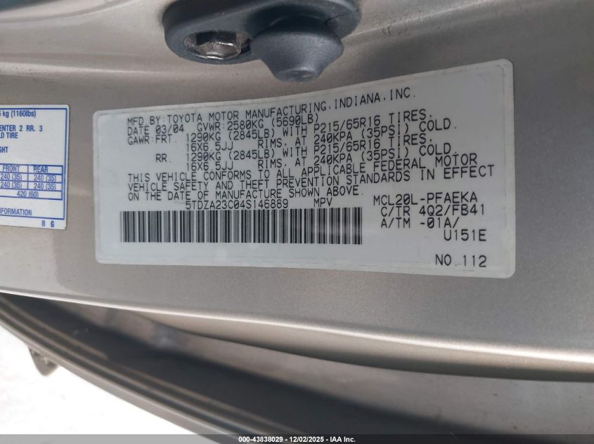 2004 Toyota Sienna Le VIN: 5TDZA23C04S146889 Lot: 43838029