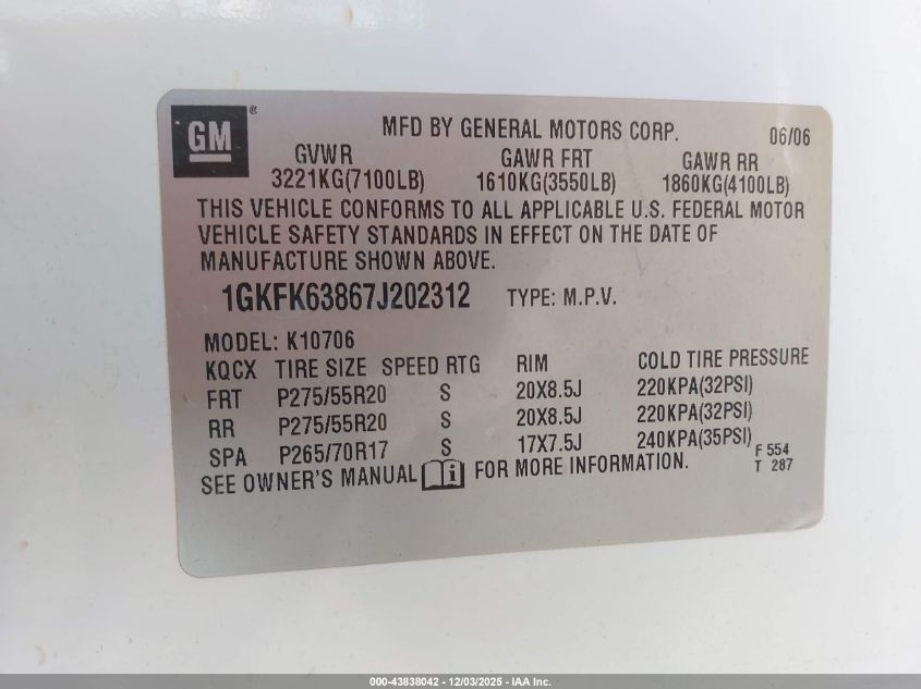 2007 GMC Yukon Denali VIN: 1GKFK63867J202312 Lot: 43838042