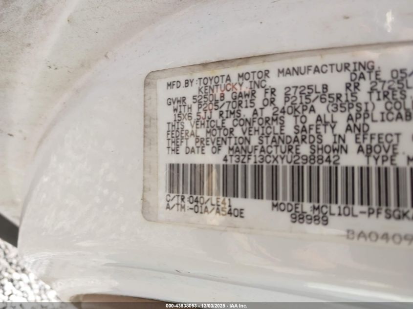 2000 Toyota Sienna Xle VIN: 4T3ZF13CXYU298842 Lot: 43838053