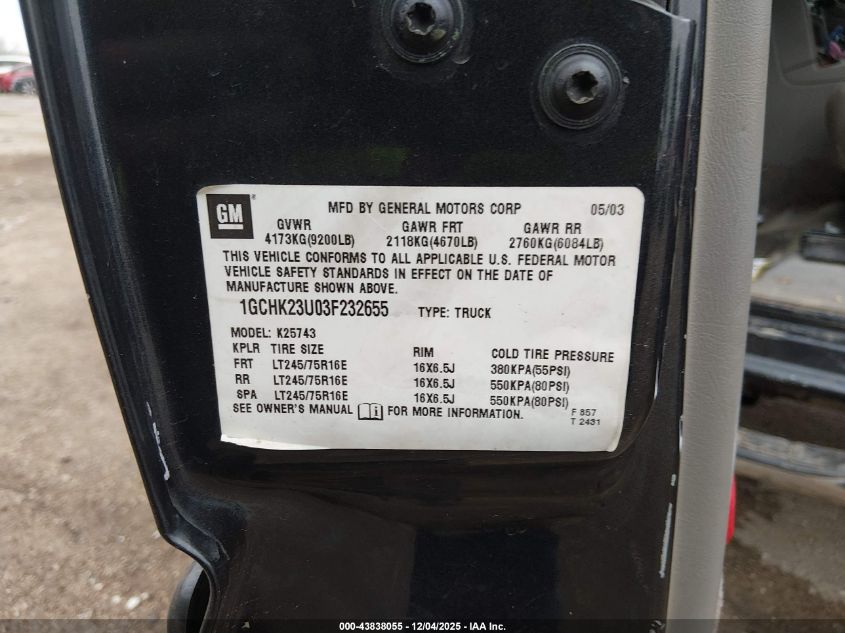 2003 Chevrolet Silverado 2500Hd Lt VIN: 1GCHK23U03F232655 Lot: 43838055