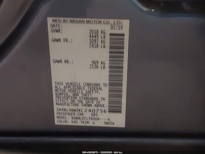 2019 Nissan Altima 2.5 S VIN: 1N4BL4BW3KC240756 Lot: 43838075