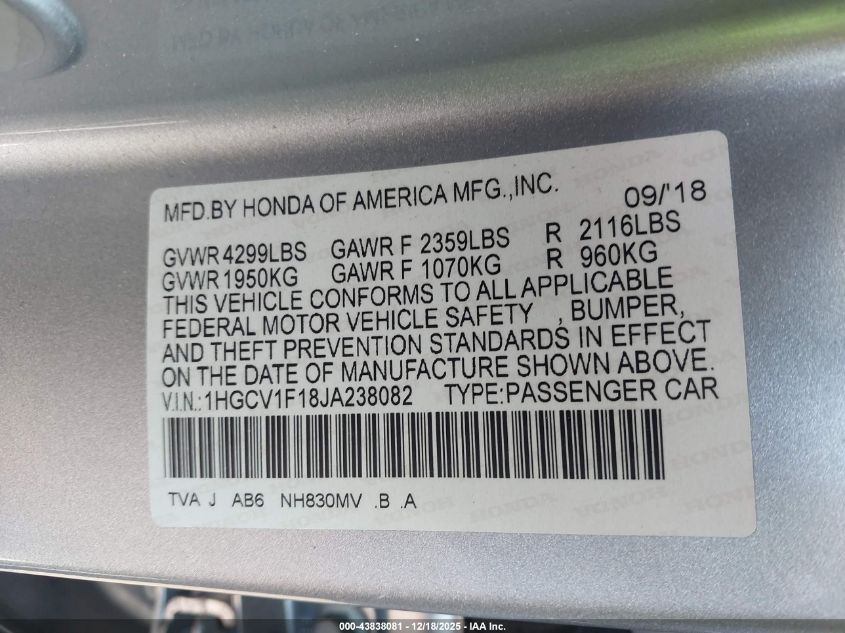 2018 Honda Accord Lx VIN: 1HGCV1F18JA238082 Lot: 43838081