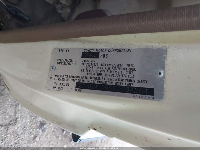 1986 Toyota Pickup 1/2 Ton Rn50 VIN: JT4RN50R9G0194204 Lot: 43838086