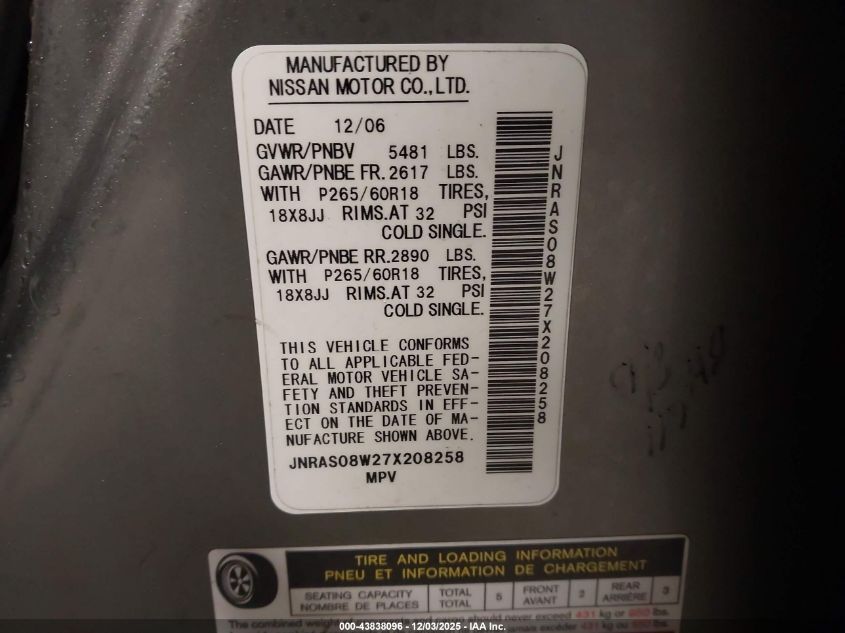 2007 Infiniti Fx35 VIN: JNRAS08W27X208258 Lot: 43838096