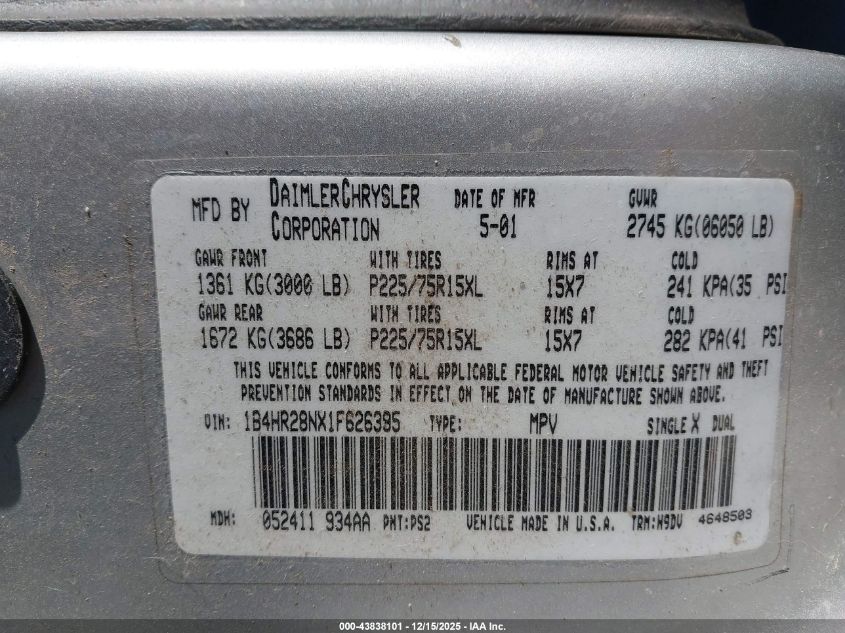 2001 Dodge Durango VIN: 1B4HR28NX1F626395 Lot: 43838101