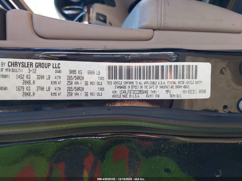 2012 Jeep Grand Cherokee Limited VIN: 1C4RJFBT2CC283048 Lot: 43838102