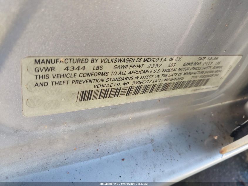 2007 Volkswagen Jetta Wolfsburg Edition VIN: 3VWEG71K17M064045 Lot: 43838112