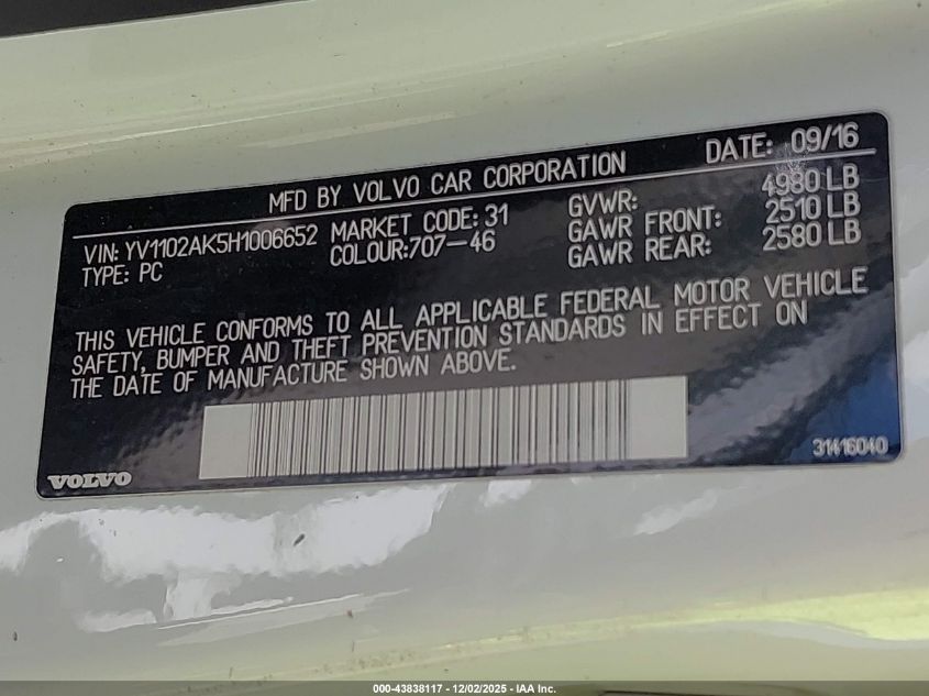 2017 Volvo S90 T5 Momentum VIN: YV1102AK5H1006652 Lot: 43838117