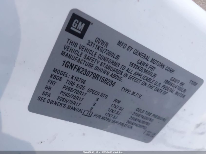 2009 Chevrolet Tahoe Lt2 VIN: 1GNFK23079R158234 Lot: 43838119