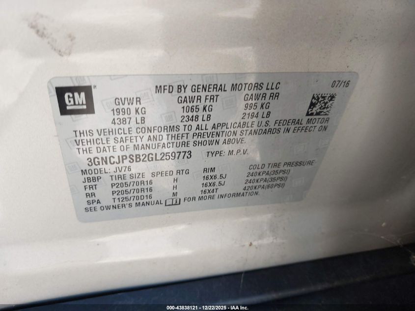 2016 Chevrolet Trax Lt VIN: 3GNCJPSB2GL259773 Lot: 43838121