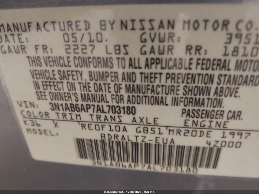 2010 Nissan Sentra 2.0S VIN: 3N1AB6AP7AL703180 Lot: 43838134