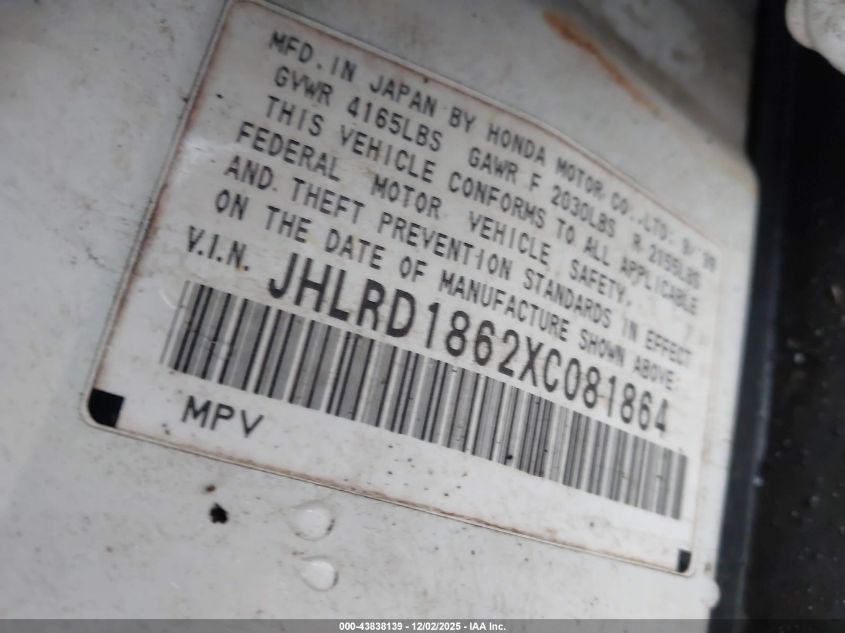 1999 Honda Cr-V Ex VIN: JHLRD1862XC081864 Lot: 43838139