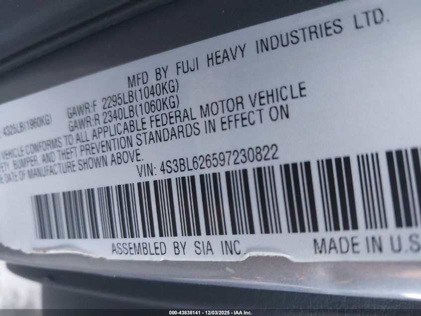 2009 Subaru Legacy 2.5I Limited VIN: 4S3BL626597230822 Lot: 43838141