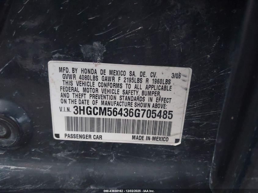 2006 Honda Accord 2.4 Lx VIN: 3HGCM56436G705485 Lot: 43838162
