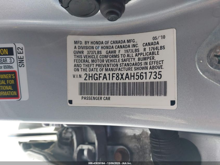 2010 Honda Civic Ex VIN: 2HGFA1F8XAH561735 Lot: 43838164