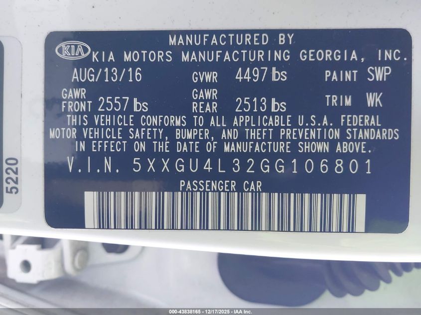 2016 Kia Optima Ex VIN: 5XXGU4L32GG106801 Lot: 43838165