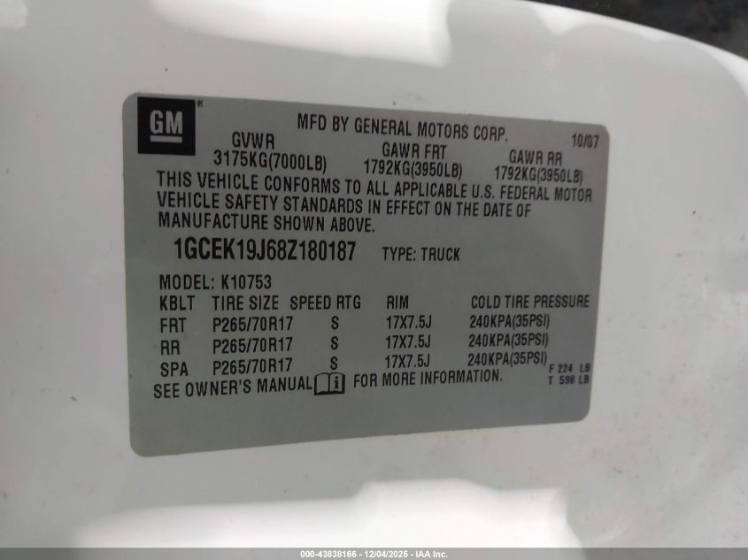 2008 Chevrolet Silverado 1500 Lt1 VIN: 1GCEK19J68Z180187 Lot: 43838166
