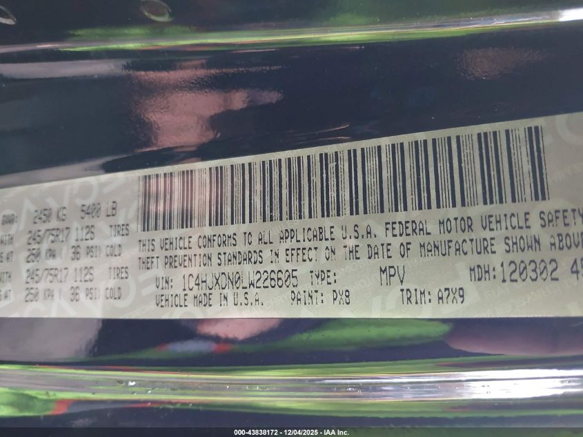 2020 Jeep Wrangler Unlimited Sport S 4X4 VIN: 1C4HJXDN0LW226605 Lot: 43838172