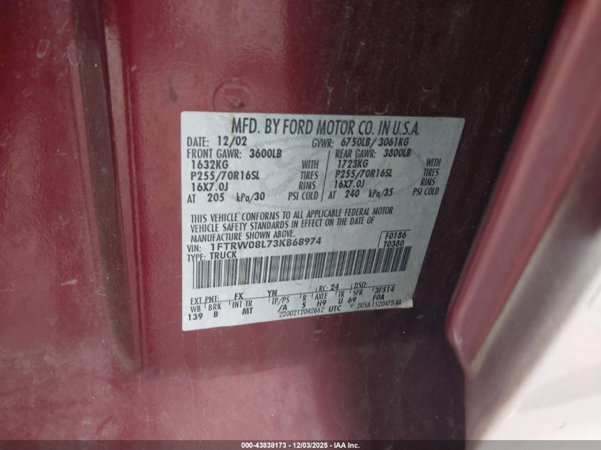 2003 Ford F-150 Lariat/Xlt VIN: 1FTRW08L73KB68974 Lot: 43838173
